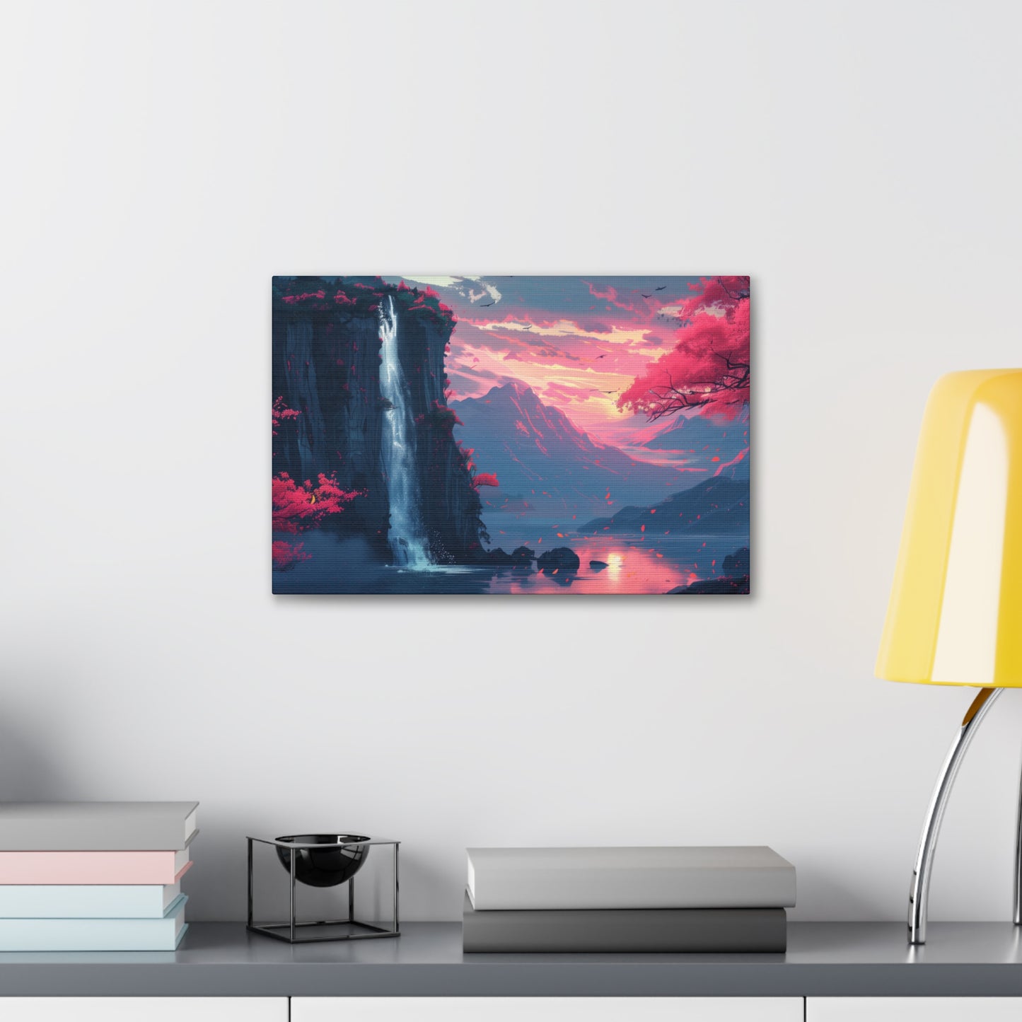 Dreamy Landscape with Waterfall and Mountains - Purple Evening Digital Illustration Canvas Gallery Wraps