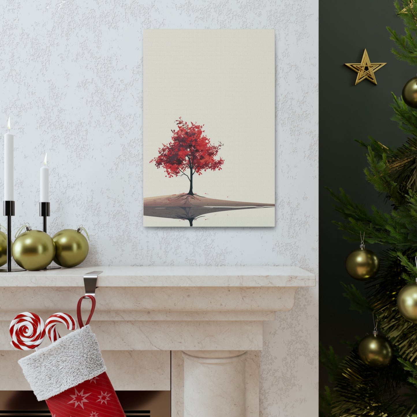 Lone Tree with Red Leaves - Portrait Illustration Canvas Gallery Wraps