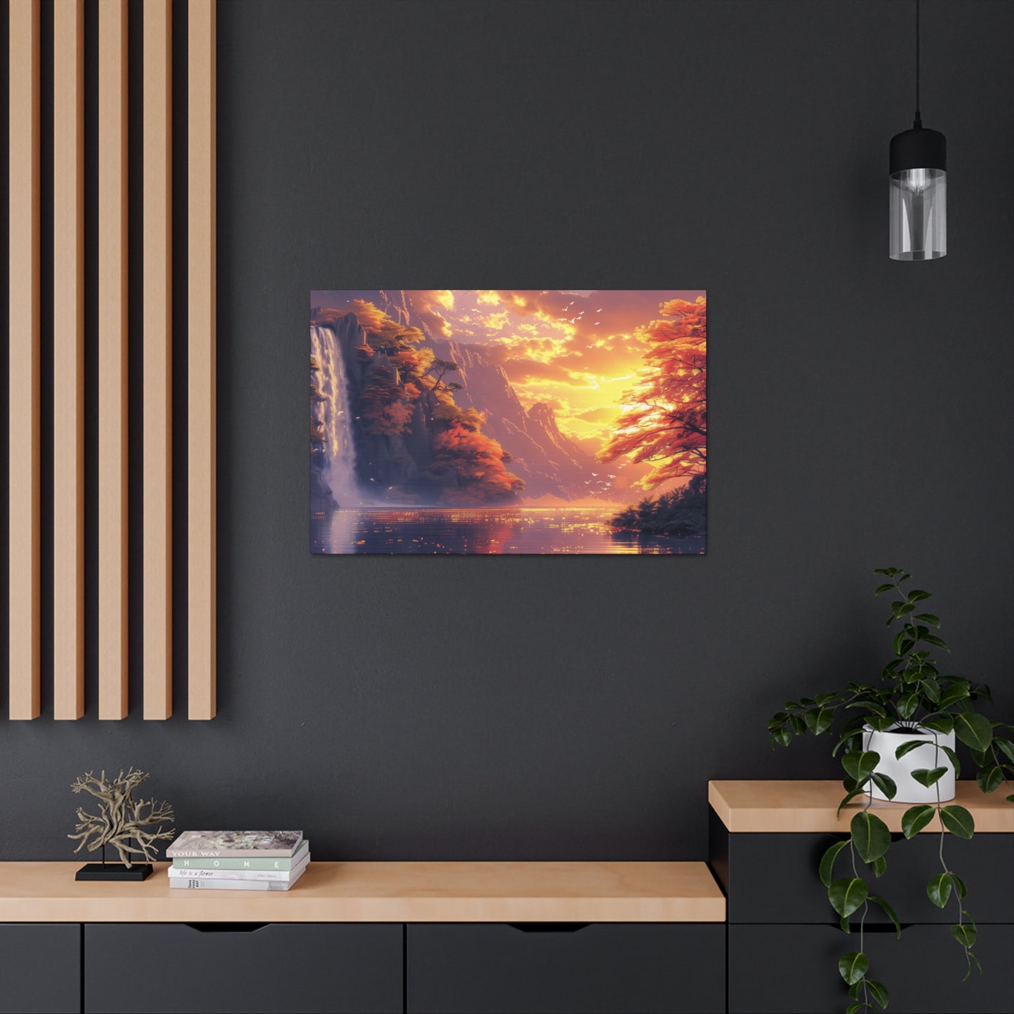 Dreamy Landscape - Waterfall and Mountains in Golden Morning Illustration Canvas Gallery Wraps