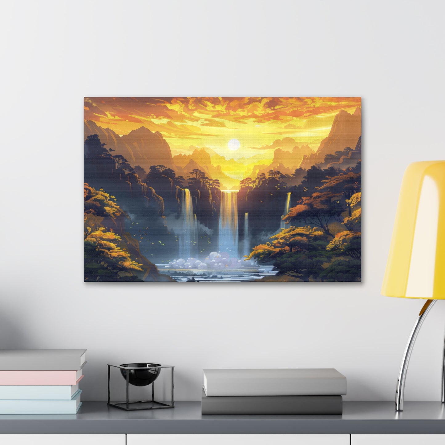 Dreamy Landscape - Waterfall and Mountains in Golden Morning Illustration Canvas Gallery Wraps