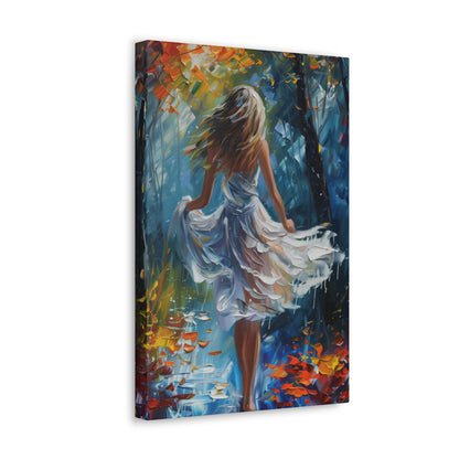 girl walking in the street wearing white dress - Leonid Afremov Style Digital Print Canvas Gallery Wraps