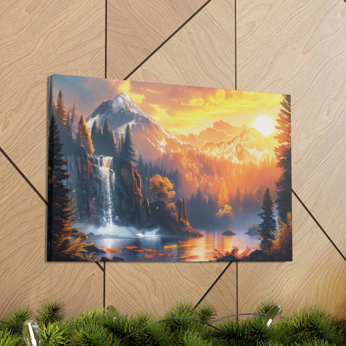 Dreamy Landscape Sunset with Waterfall and Mountains - Digital Illustration Canvas Gallery Wraps