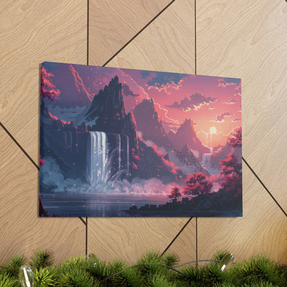 Dreamy Landscape Sunset with Waterfall and Mountains - Digital Illustration Canvas Gallery Wraps