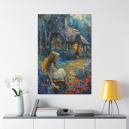 little girl sitting front of a hut in countryside Digital Oil Painting Print Canvas Gallery Wraps