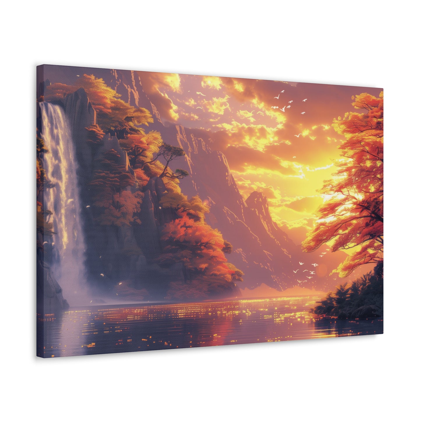 Dreamy Landscape - Waterfall and Mountains in Golden Morning Illustration Canvas Gallery Wraps