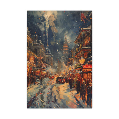 Christmas Street Corner in Downtown - Rembrandt Style Digital Oil Painting Canvas Gallery Wraps