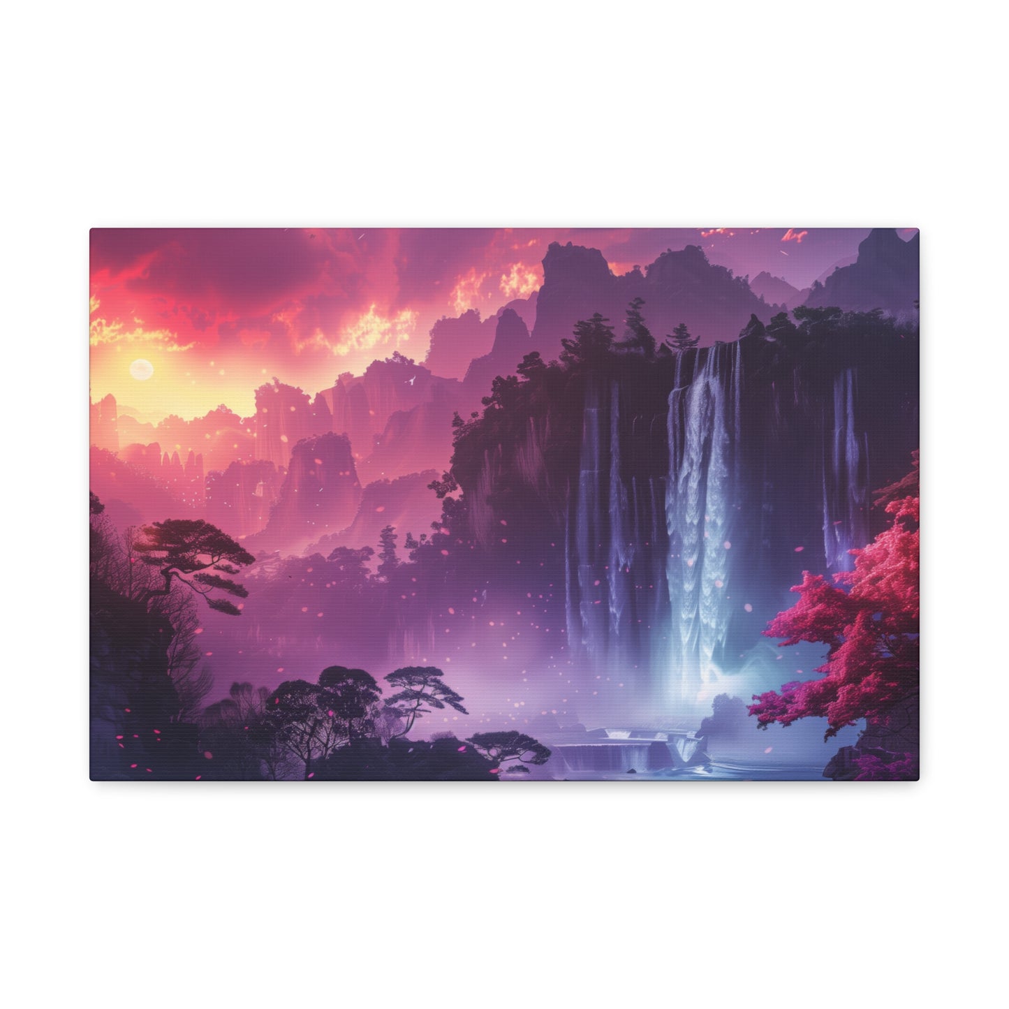 Dreamy Landscape Sunset with Waterfall and Mountains - Digital Illustration Canvas Gallery Wraps