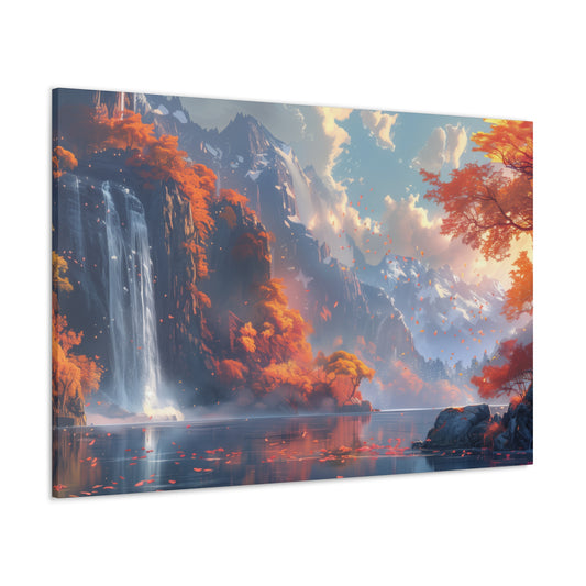 Dreamy Landscape Sunset with Waterfall and Mountains - Digital Illustration Canvas Gallery Wraps