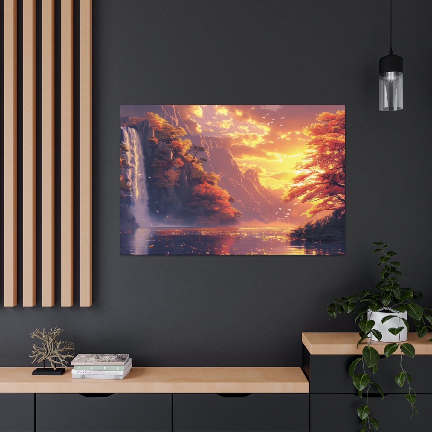 Dreamy Landscape - Waterfall and Mountains in Golden Morning Illustration Canvas Gallery Wraps