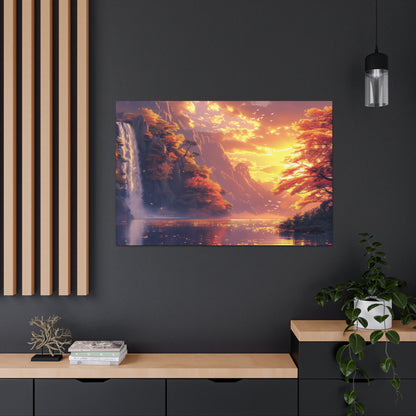 Dreamy Landscape - Waterfall and Mountains in Golden Morning Illustration Canvas Gallery Wraps