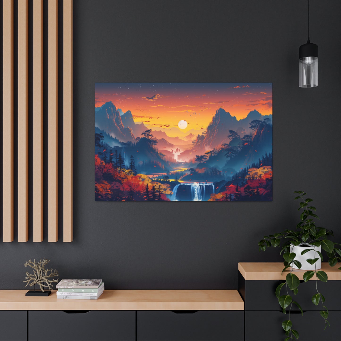 Dreamy Landscape Sunset with Waterfall and Mountains - Digital Illustration Canvas Gallery Wraps