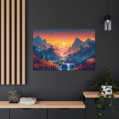 Dreamy Landscape Sunset with Waterfall and Mountains - Digital Illustration Canvas Gallery Wraps