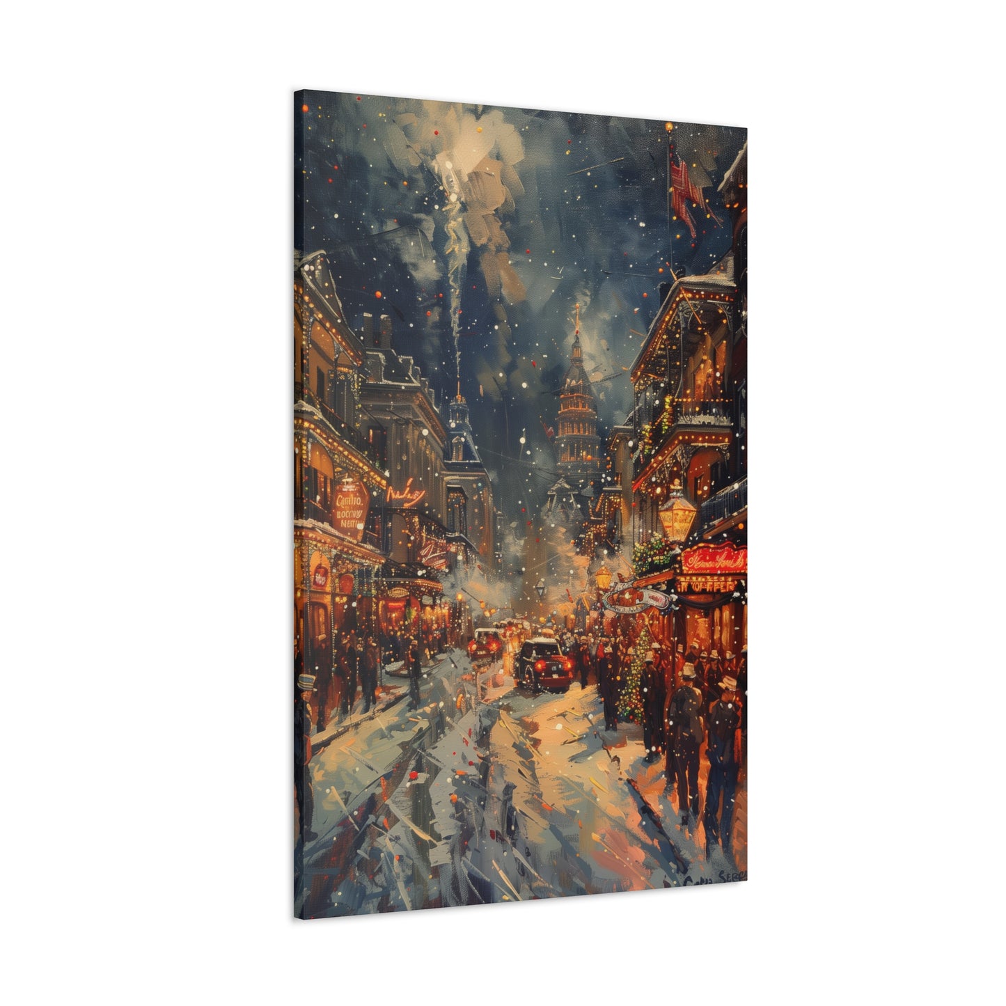 Christmas Street Corner in Downtown - Rembrandt Style Digital Oil Painting Canvas Gallery Wraps