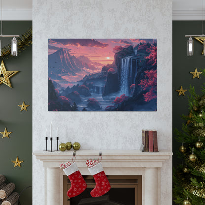 Dreamy Landscape Sunset with Waterfall and Mountains - Digital Illustration Canvas Gallery Wraps