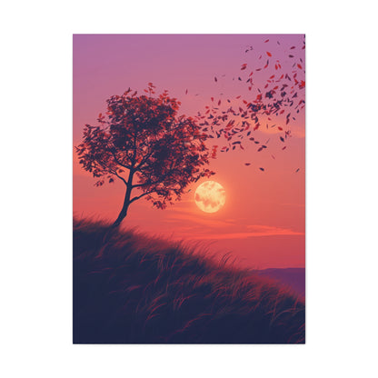 Tree in a Purple Sunset Digital Illustration Canvas Gallery Wraps