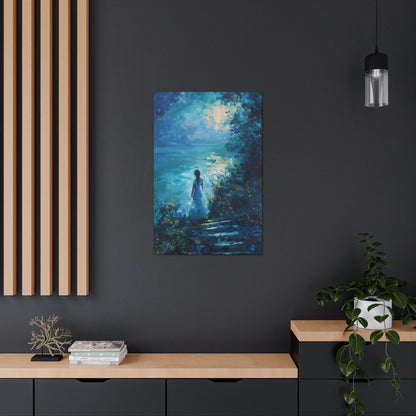 Woman looking at sea night time Digital Oil Painting Print Canvas Gallery Wraps