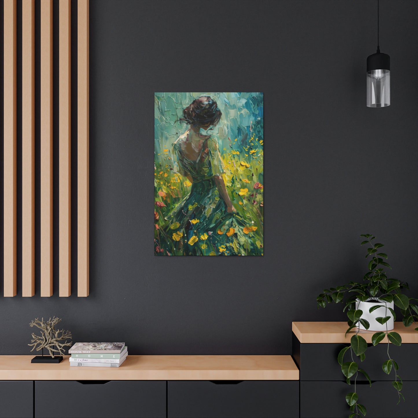 girl in a flower field wearing a green dress Digital Oil Painting Print Canvas Gallery Wraps