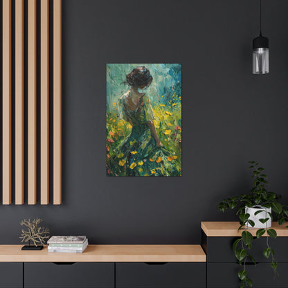 girl in a flower field wearing a green dress Digital Oil Painting Print Canvas Gallery Wraps