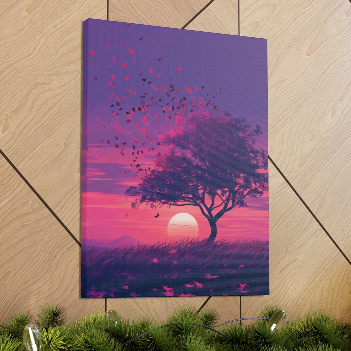 Tree in a Purple Sunset Digital Illustration Canvas Gallery Wraps