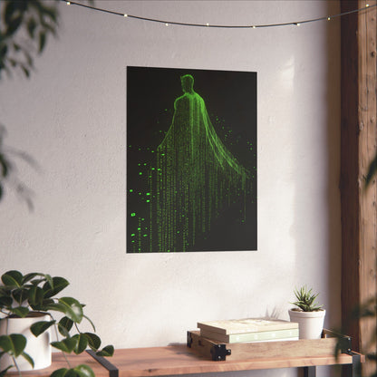 Neon Code Guardian: 3D Glitch Superman Matrix Effect - Digital Illustration Matte Vertical Poster