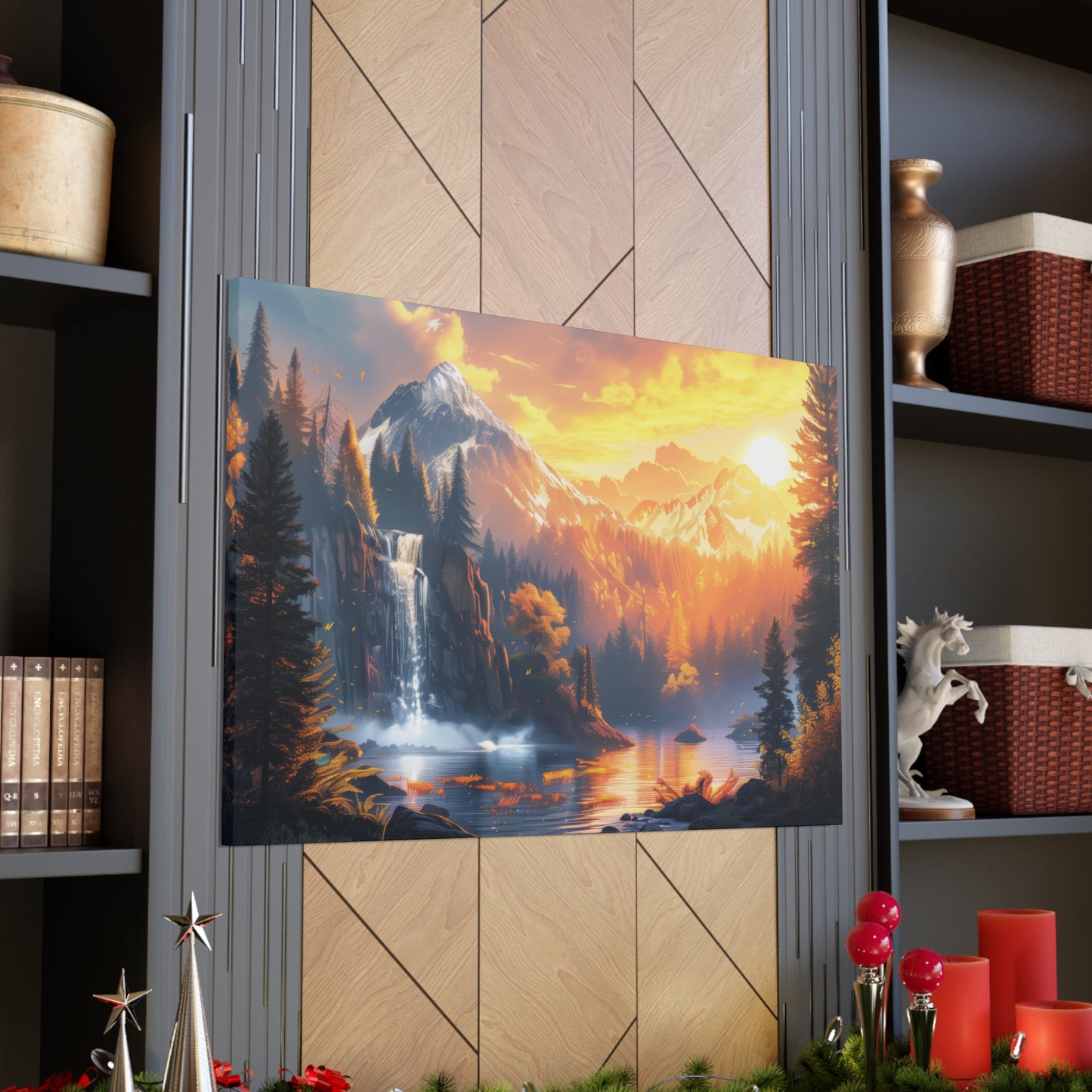 Dreamy Landscape Sunset with Waterfall and Mountains - Digital Illustration Canvas Gallery Wraps