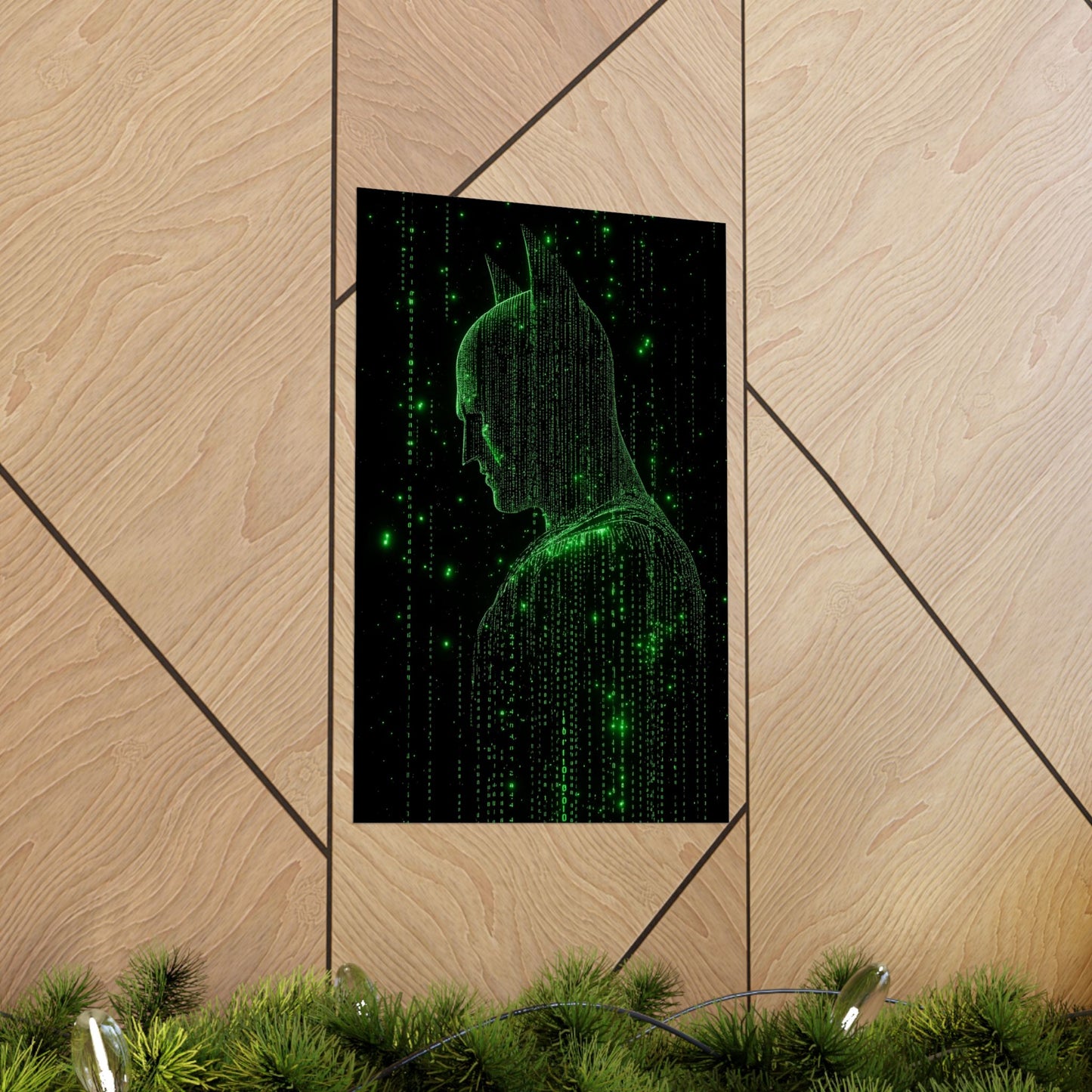 Neon Code Vigilante: 3D Glitch Batman Matrix Effect - Digital Illustration Matte Vertical Poster