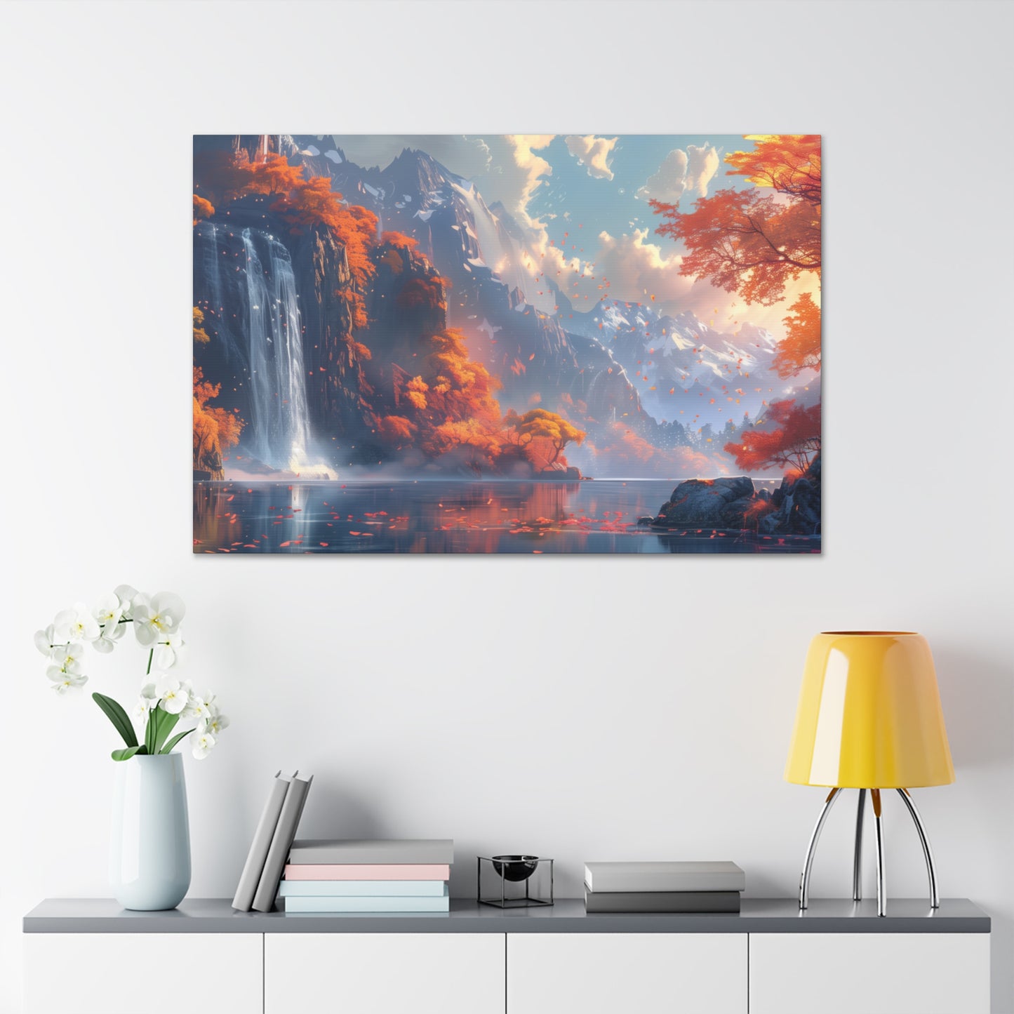 Dreamy Landscape Sunset with Waterfall and Mountains - Digital Illustration Canvas Gallery Wraps