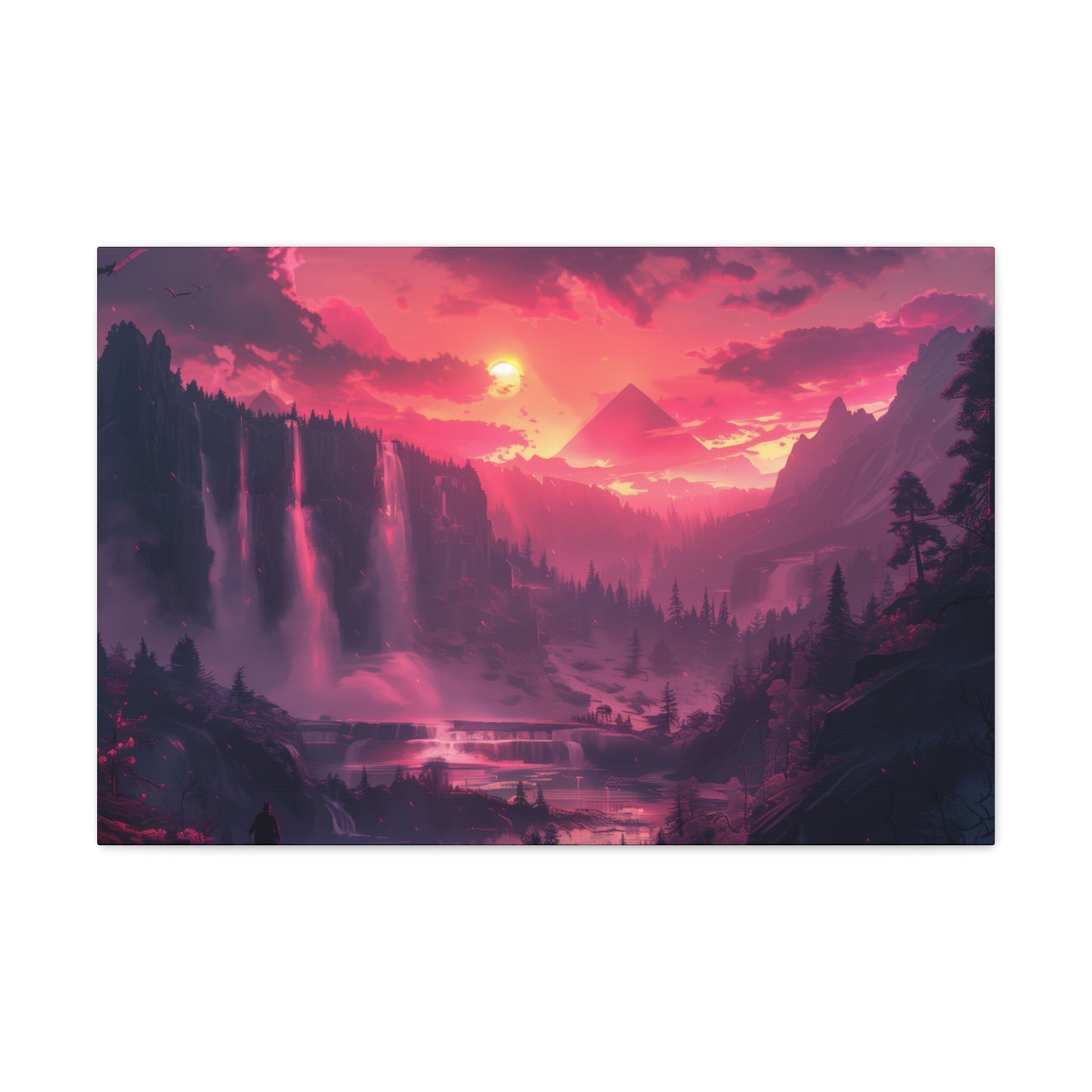 Dreamy Landscape with Waterfall and Mountains - Purple Evening Digital Illustration Canvas Gallery Wraps