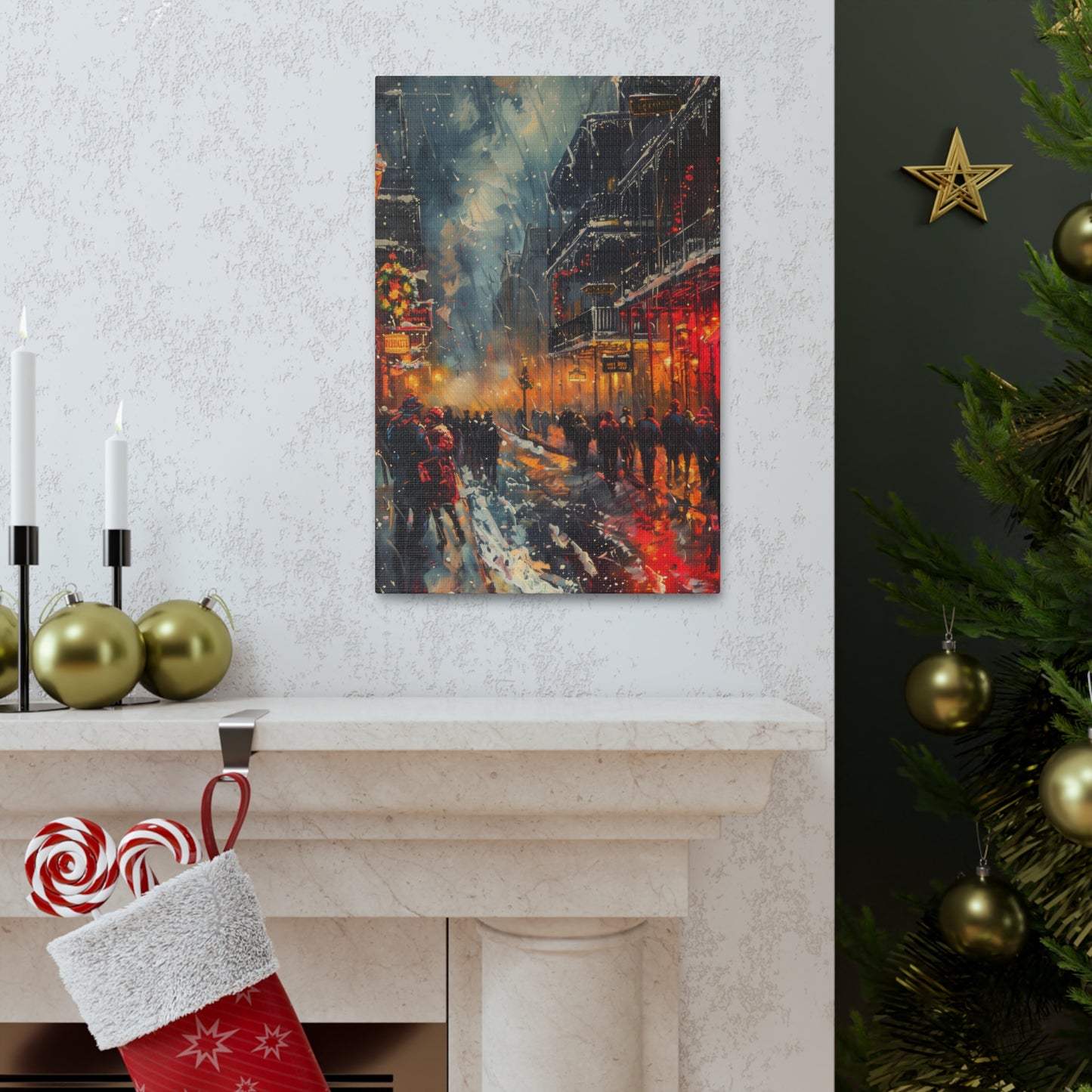 Christmas Street Corner with People in Downtown - Rembrandt Style Digital Oil Painting Canvas Gallery Wraps