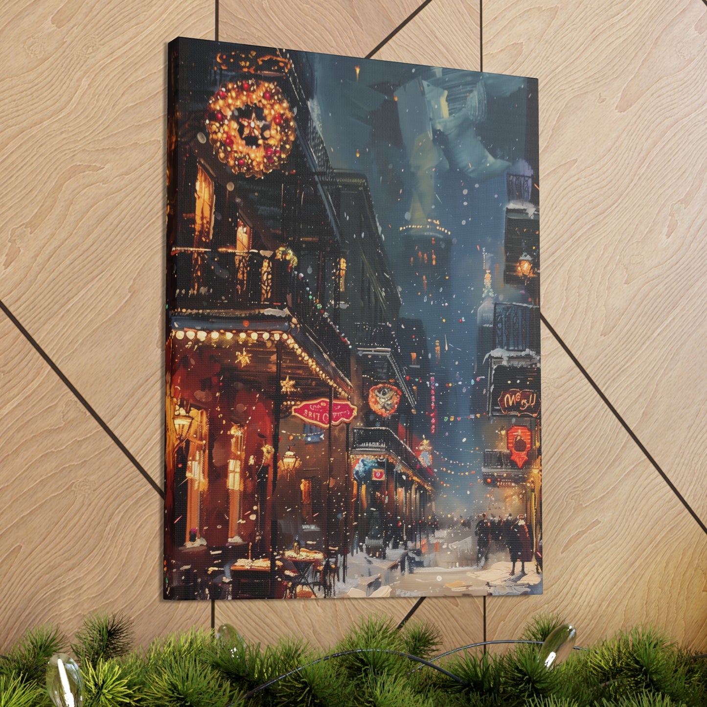 Christmas Time Downtown Street Corner - Rembrandt Style Digital Oil Painting Canvas Gallery Wraps