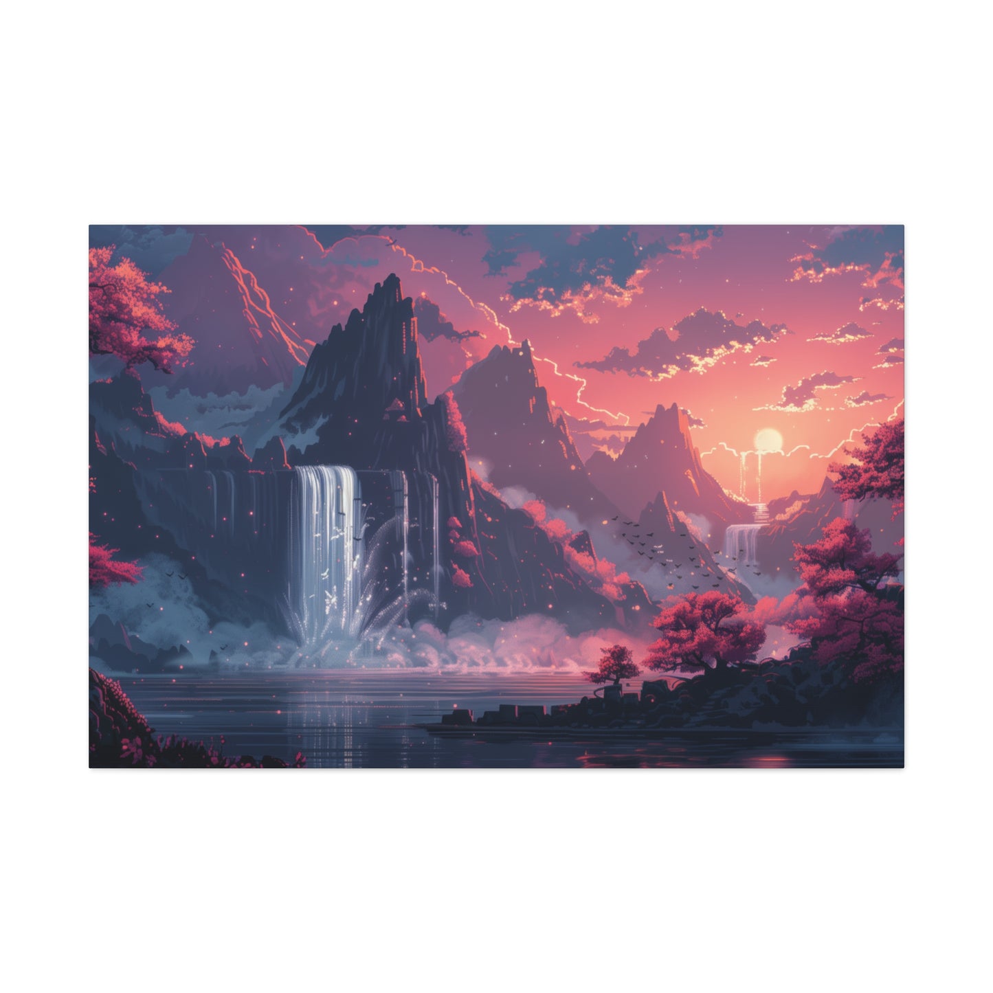 Dreamy Landscape Sunset with Waterfall and Mountains - Digital Illustration Canvas Gallery Wraps