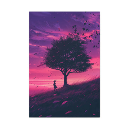 Tree in a Purple Sunset Digital Illustration Canvas Gallery Wraps