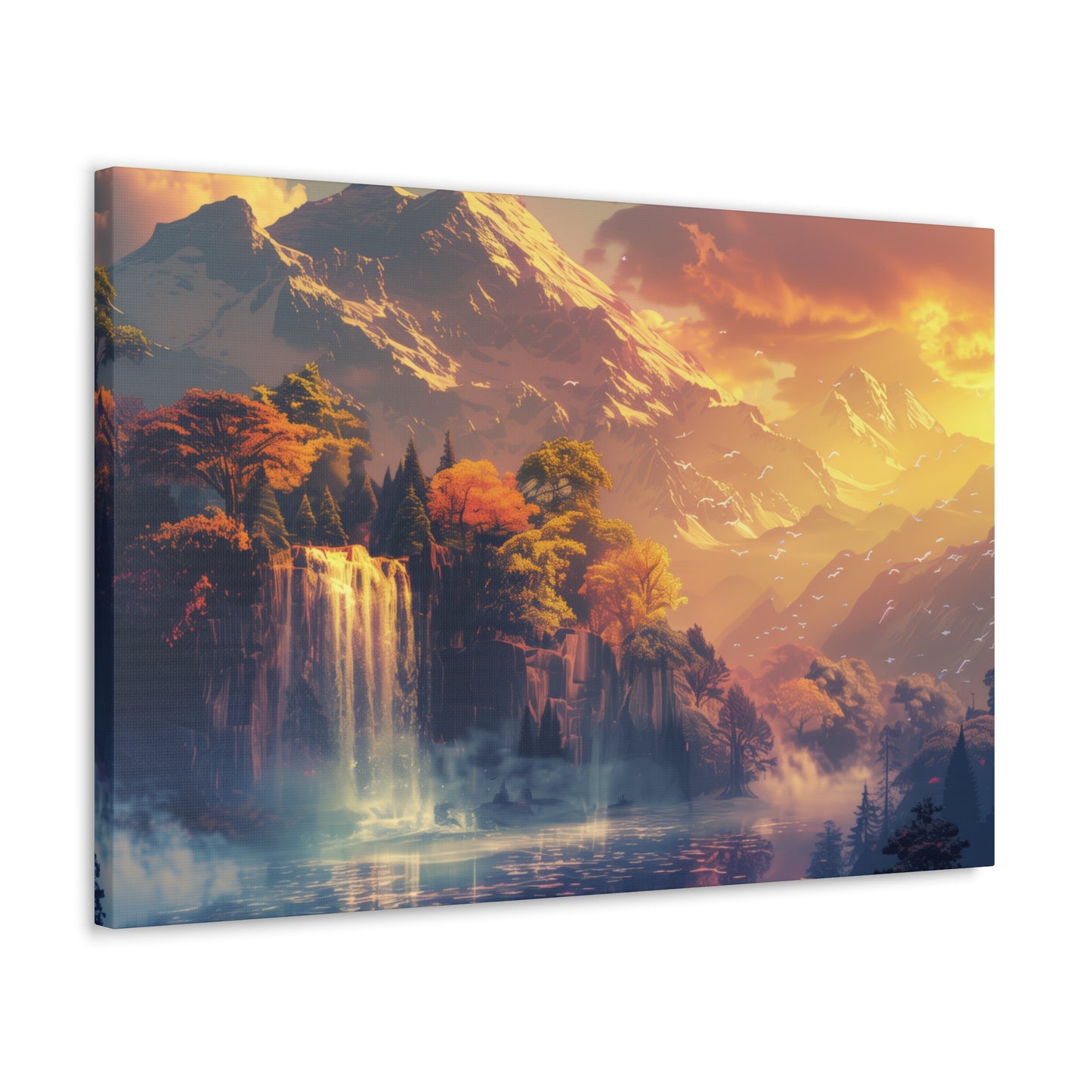 Dreamy Landscape Sunset with Waterfall and Mountains - Digital Illustration Canvas Gallery Wraps