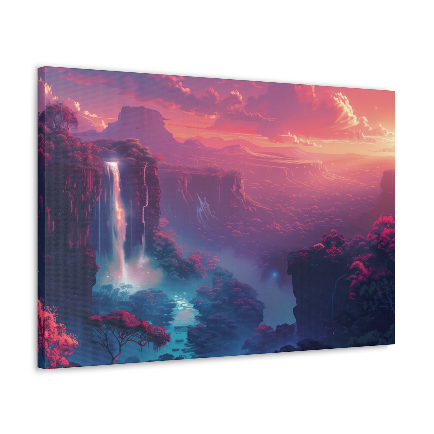 Dreamy Landscape with Waterfall and Mountains - Purple Evening Digital Illustration Canvas Gallery Wraps