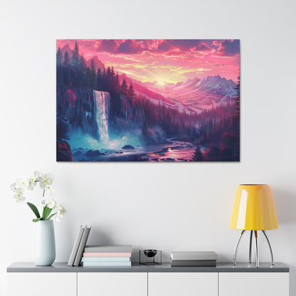 Dreamy Landscape with Waterfall and Mountains - Purple Evening Digital Illustration Canvas Gallery Wraps