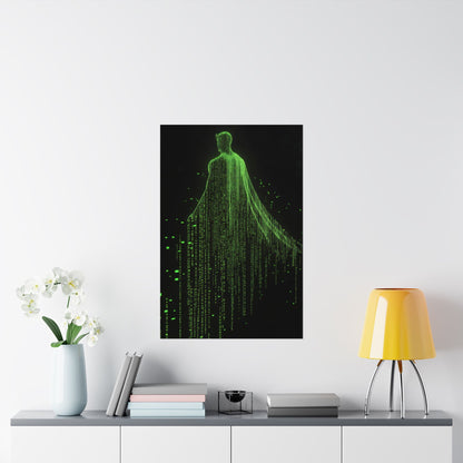 Neon Code Guardian: 3D Glitch Superman Matrix Effect - Digital Illustration Matte Vertical Poster