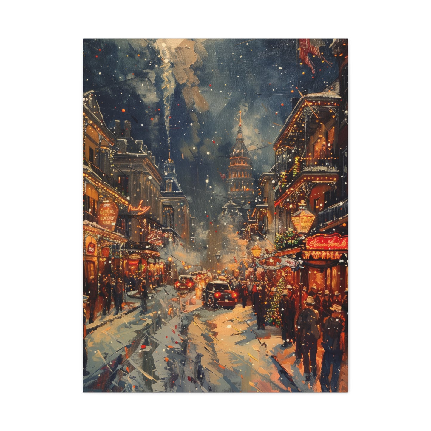 Christmas Street Corner in Downtown - Rembrandt Style Digital Oil Painting Canvas Gallery Wraps