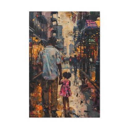 Father and Daughter Walking on the Street - Rembrandt Style Digital Oil Painting Canvas Gallery Wraps