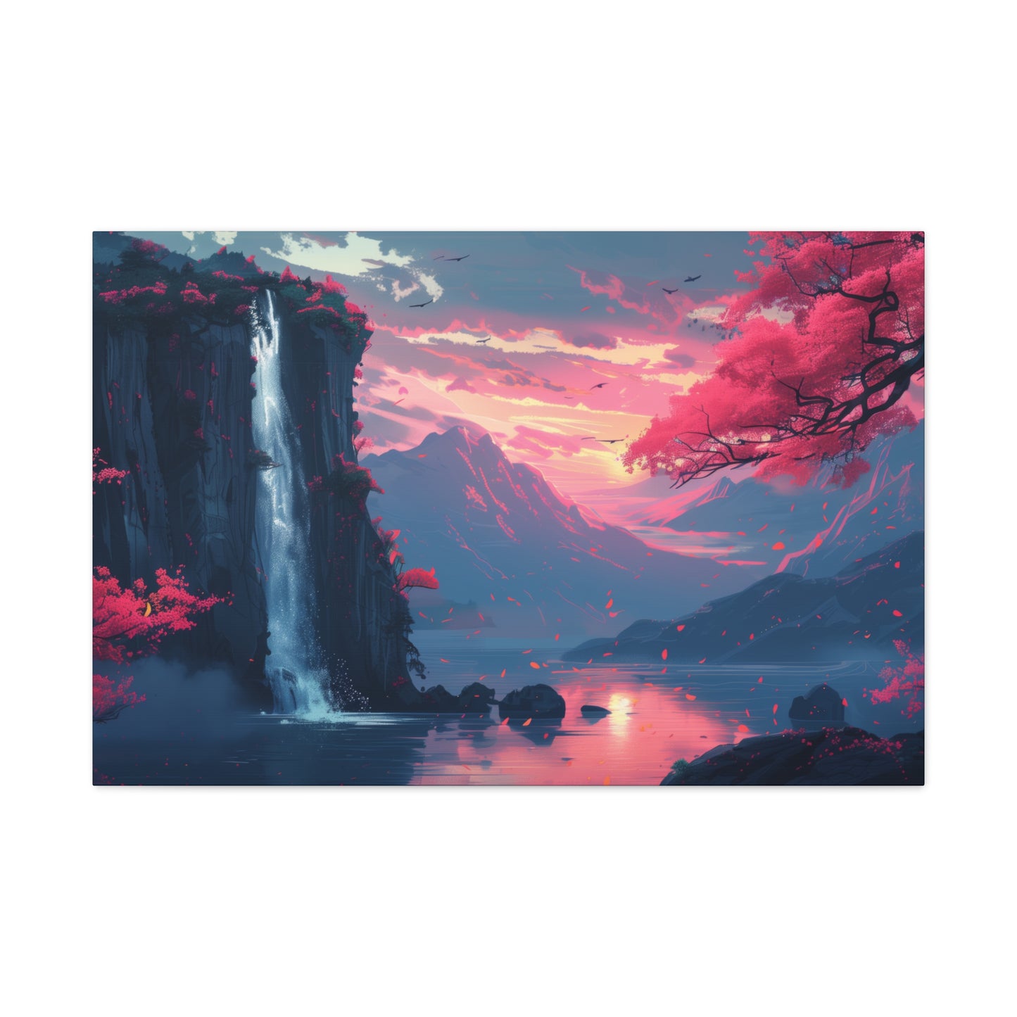 Dreamy Landscape with Waterfall and Mountains - Purple Evening Digital Illustration Canvas Gallery Wraps