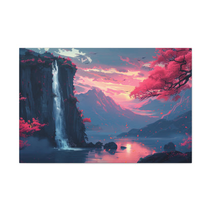 Dreamy Landscape with Waterfall and Mountains - Purple Evening Digital Illustration Canvas Gallery Wraps