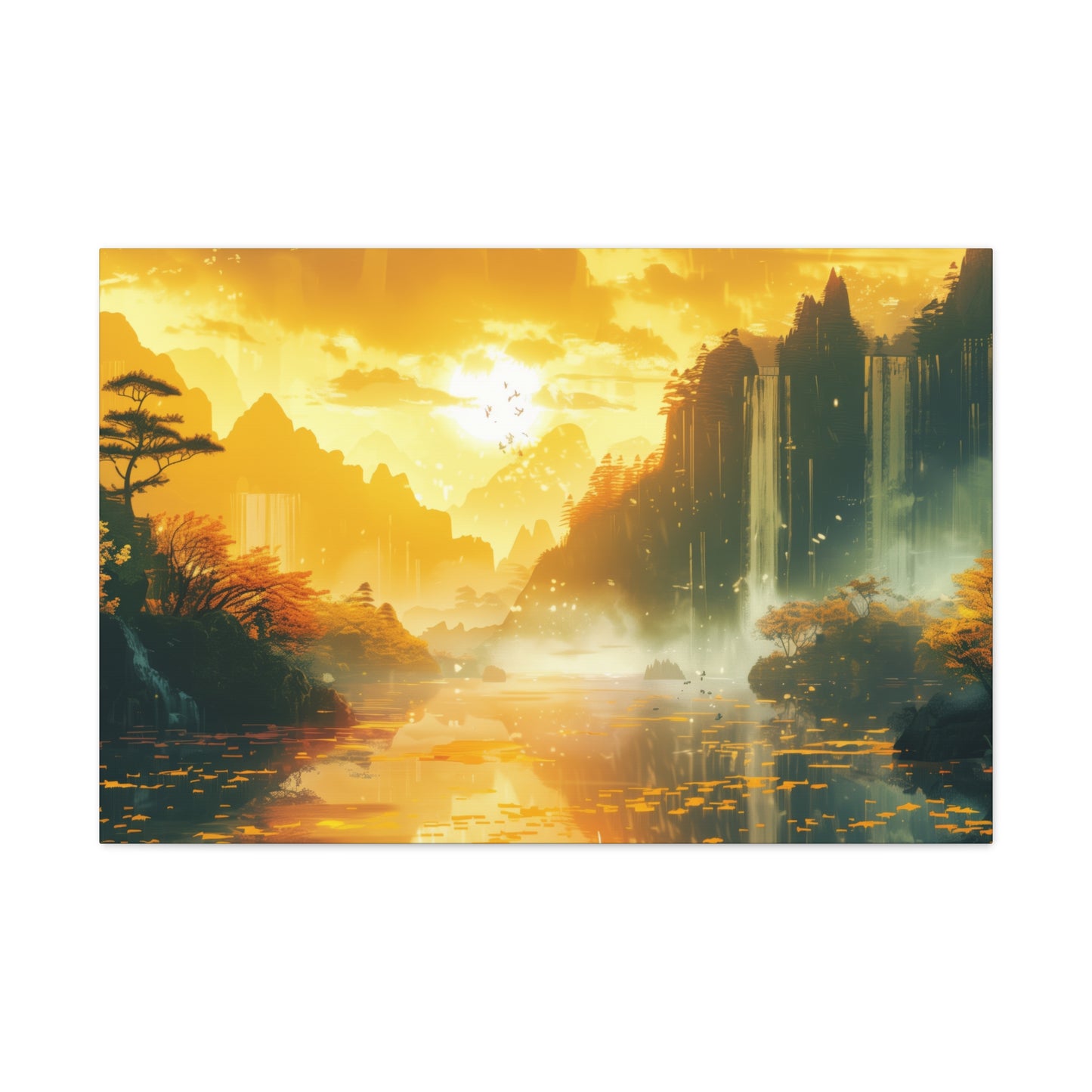 Dreamy Landscape Sunset with Waterfall and Mountains - Digital Illustration Canvas Gallery Wraps