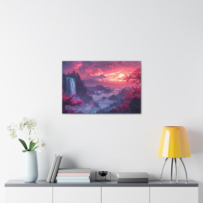 Dreamy Landscape Sunset with Waterfall and Mountains - Digital Illustration Canvas Gallery Wraps