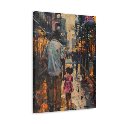 Father and Daughter Walking on the Street - Rembrandt Style Digital Oil Painting Canvas Gallery Wraps