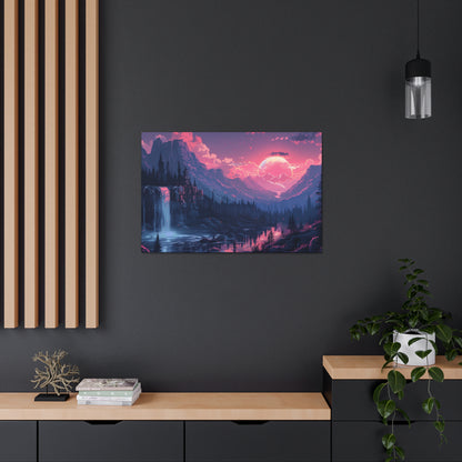 Dreamy Landscape Sunset with Waterfall and Mountains -  Digital Illustration Canvas Gallery Wraps