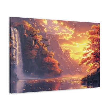 Dreamy Landscape - Waterfall and Mountains in Golden Morning Illustration Canvas Gallery Wraps