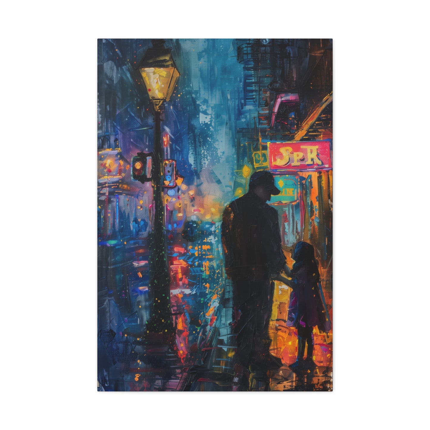 Father and Daughter Walking on the Street - Rembrandt Style Digital Oil Painting Canvas Gallery Wraps