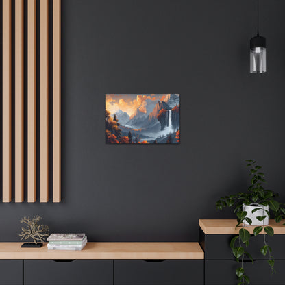 Dreamy Landscape Morning with Waterfall and Mountains - Digital Illustration Canvas Gallery Wraps