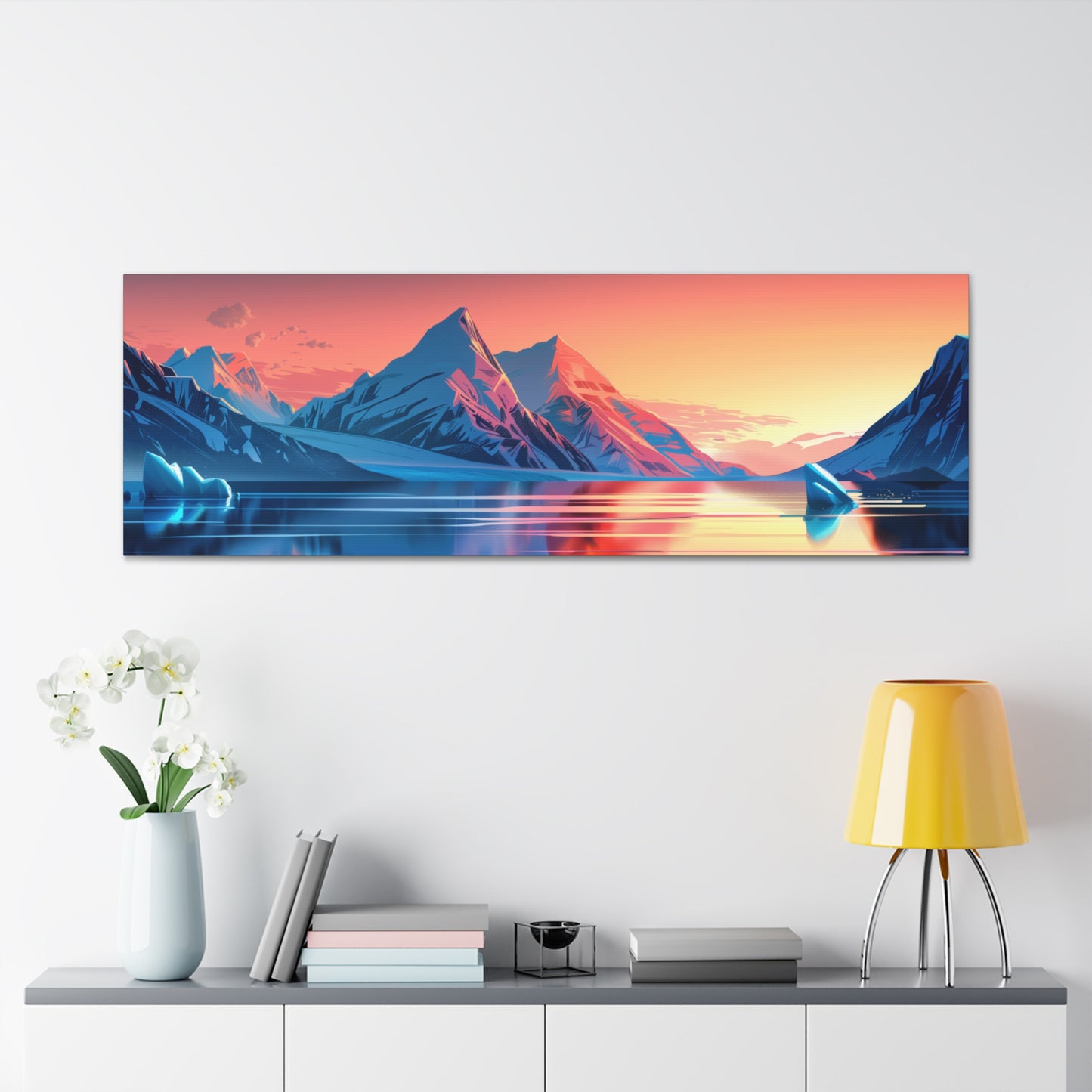 Snowy Mountain Evening in Antarctica - Digital Landscape Illustration Panorama Canvas Gallery Wraps