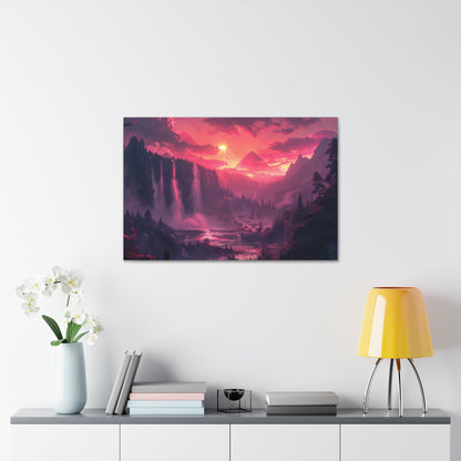 Dreamy Landscape with Waterfall and Mountains - Purple Evening Digital Illustration Canvas Gallery Wraps