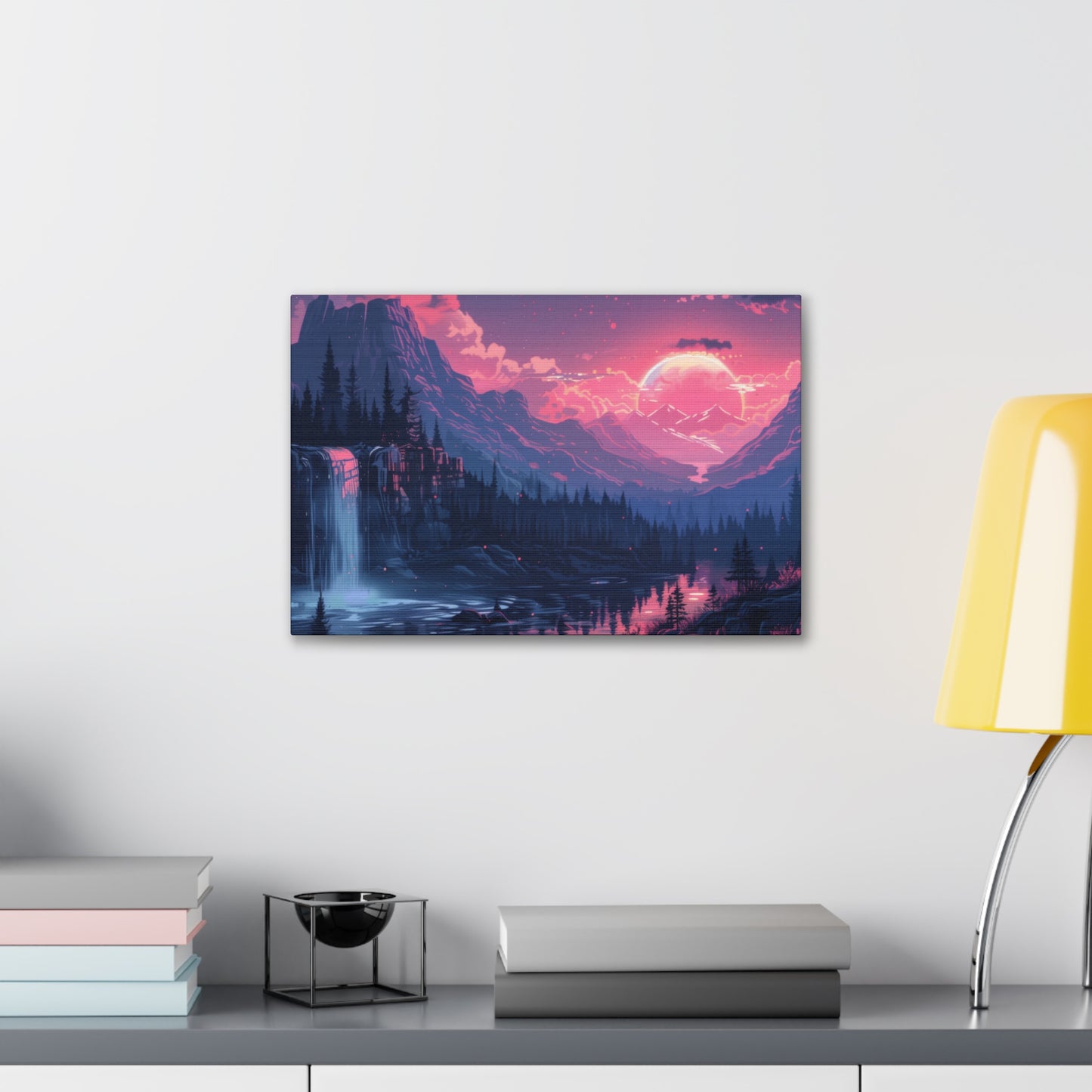 Dreamy Landscape Sunset with Waterfall and Mountains -  Digital Illustration Canvas Gallery Wraps